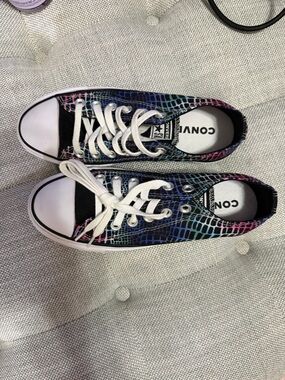 Converse  Top Sneakers in Black with Pink, Blue & Teal Croc Print